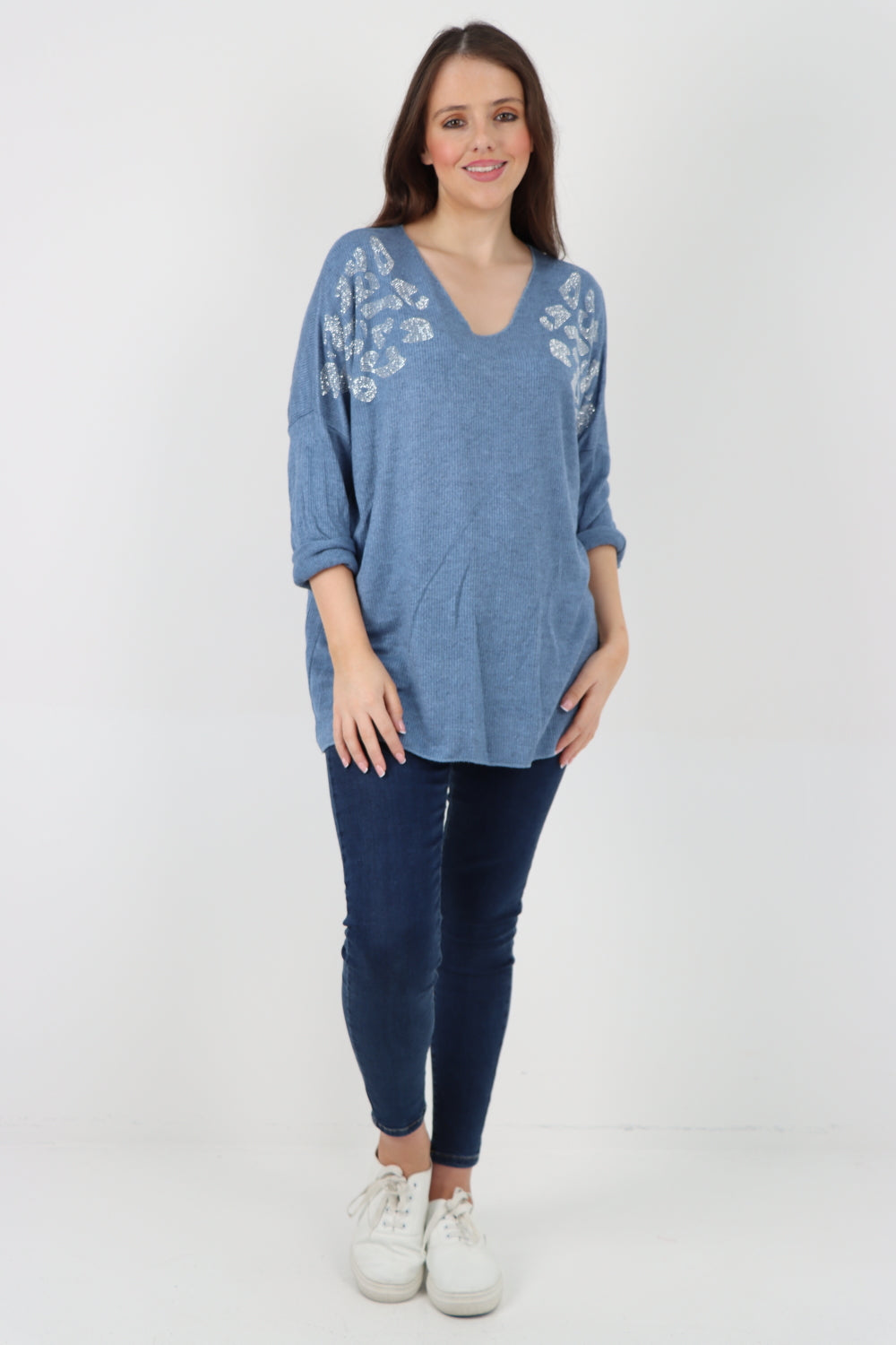 Italian Sequin Detail On Shoulder Soft Knit Jumper Top Jumper WearAll Denim One Size To Fit UK 8-18
