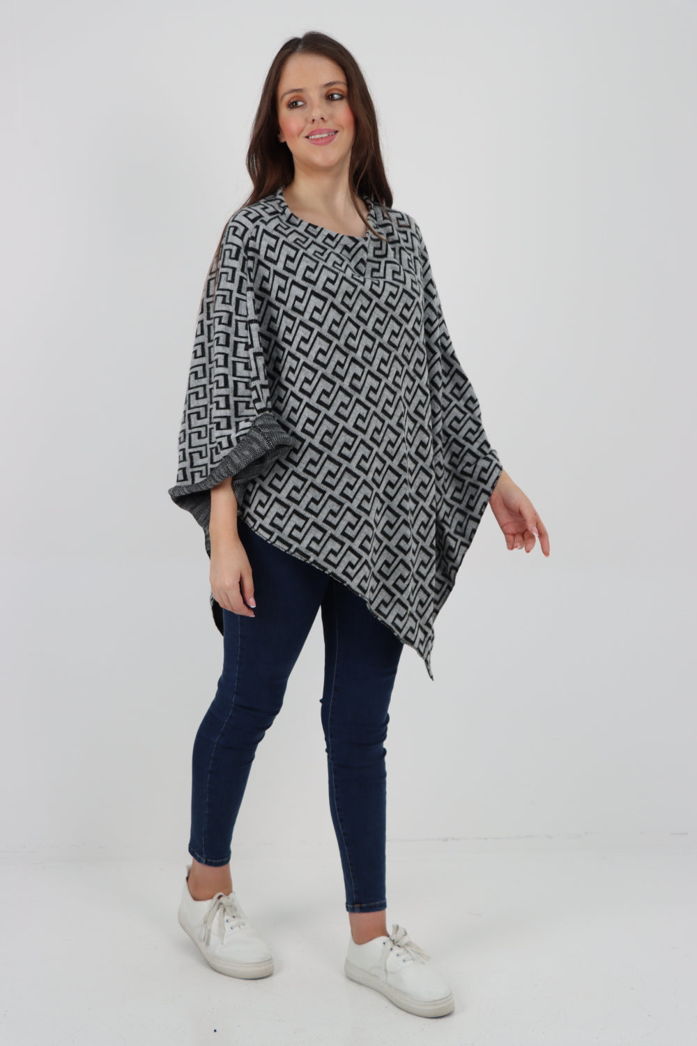 Italian Greek Key Print Asymmetric Poncho Jumper Top Jumpers WearAll