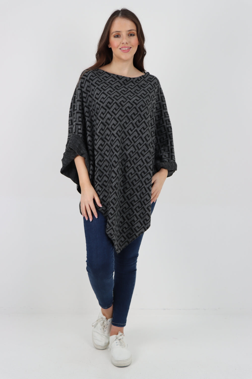 Italian Greek Key Print Asymmetric Poncho Jumper Top Jumpers WearAll Dark Grey One Size To Fit UK 8-18