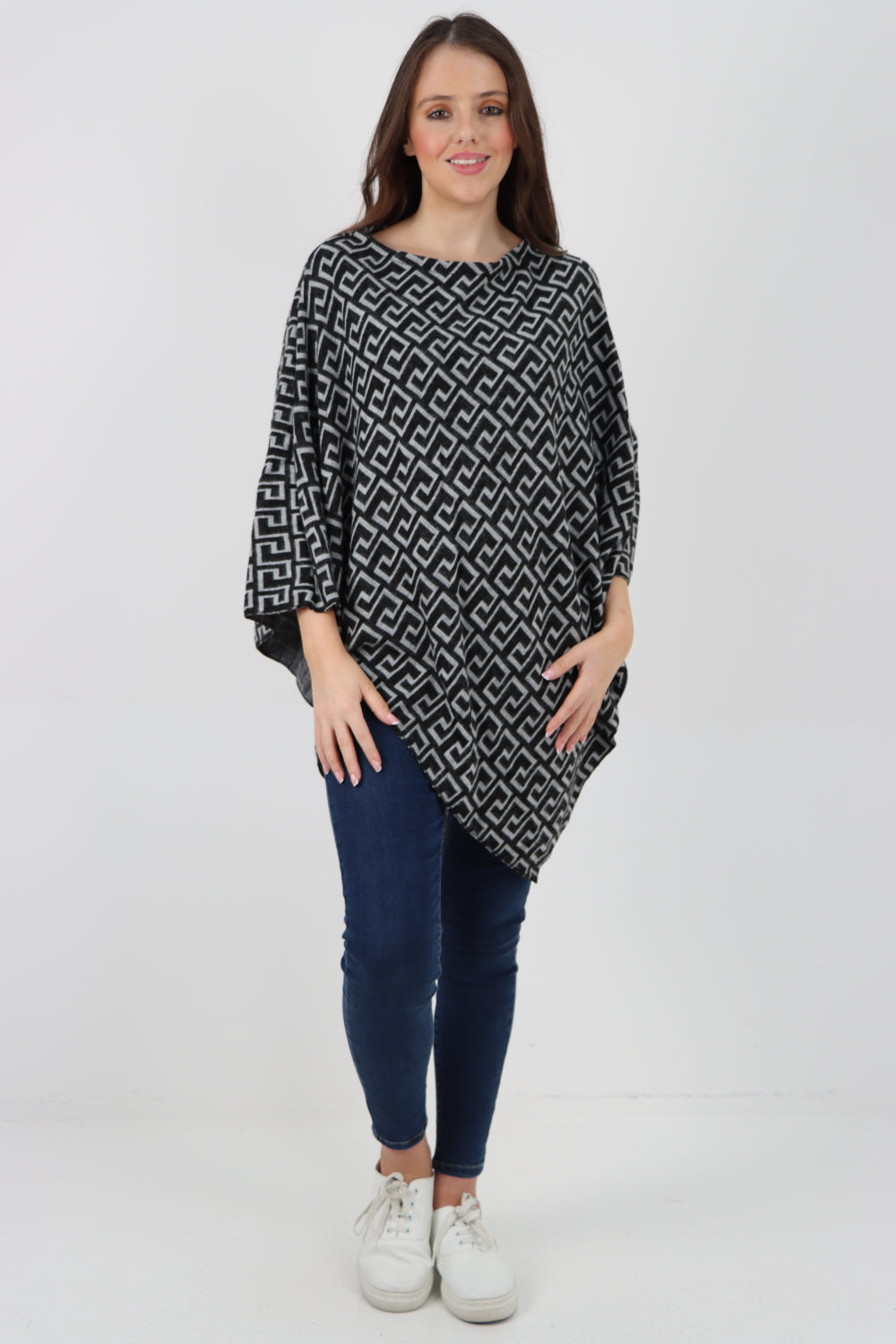 Italian Greek Key Print Asymmetric Poncho Jumper Top Jumpers WearAll