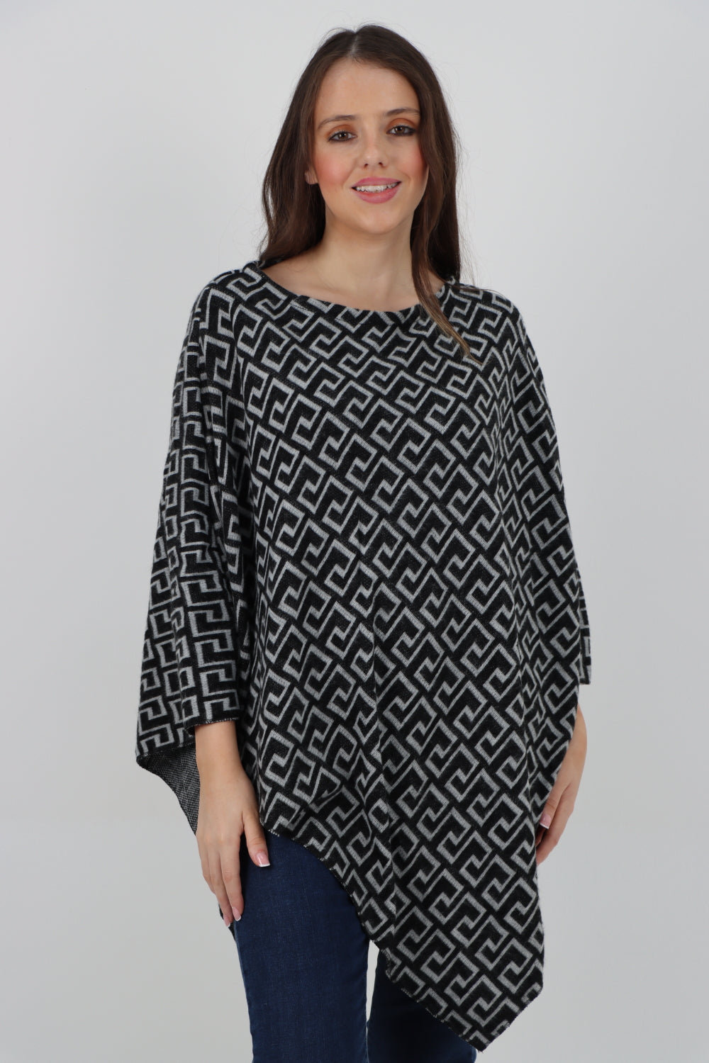 Italian Greek Key Print Asymmetric Poncho Jumper Top Jumpers WearAll