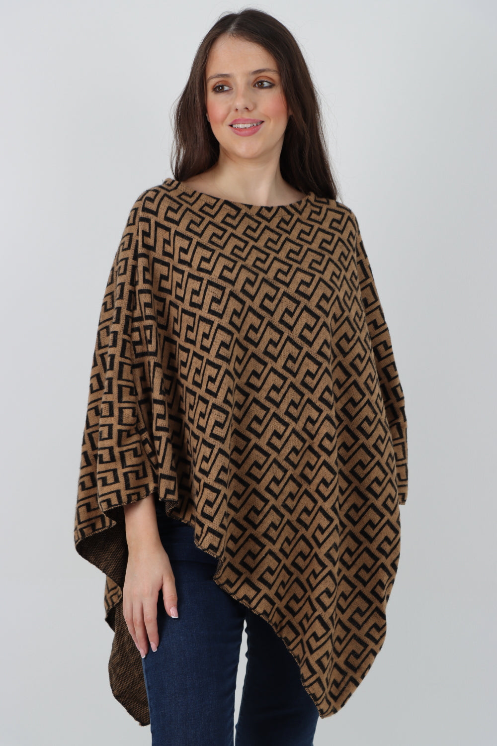 Italian Greek Key Print Asymmetric Poncho Jumper Top Jumpers WearAll