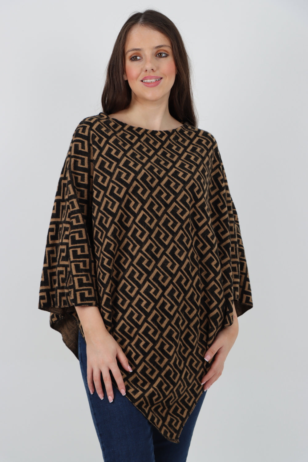 Italian Greek Key Print Asymmetric Poncho Jumper Top Jumpers WearAll