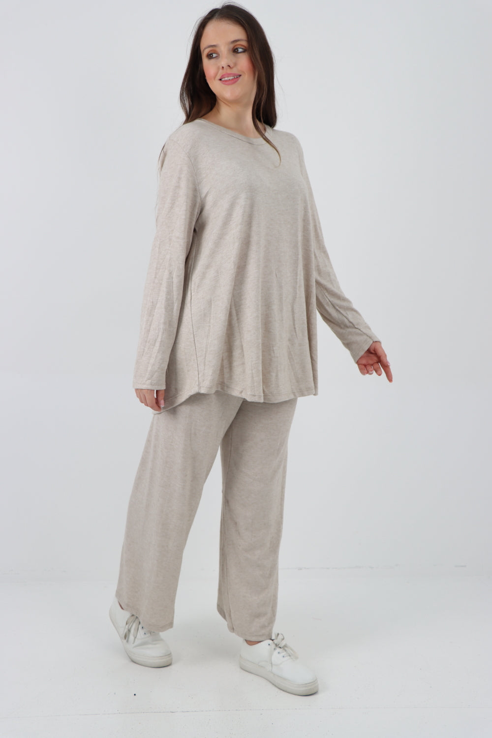 Italian Basic Knitted Plain Soft Top & Trouser Co - Ord Set Co-Ords WearAll Beige One Size To Fit UK 8-16