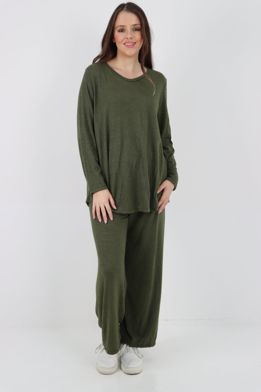 Italian Basic Knitted Plain Soft Top & Trouser Co - Ord Set Co-Ords WearAll khaki One Size To Fit UK 8-16