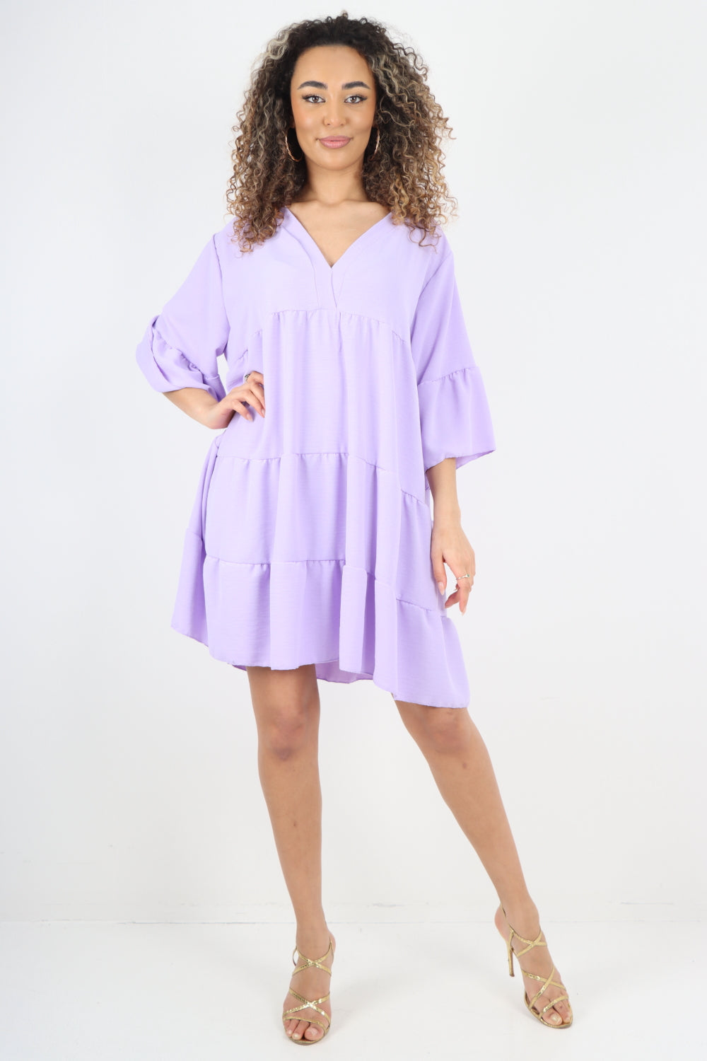 Italian Deep V - Neck Tiered Short Sleeve Smock Dress Smock Dress WearAll