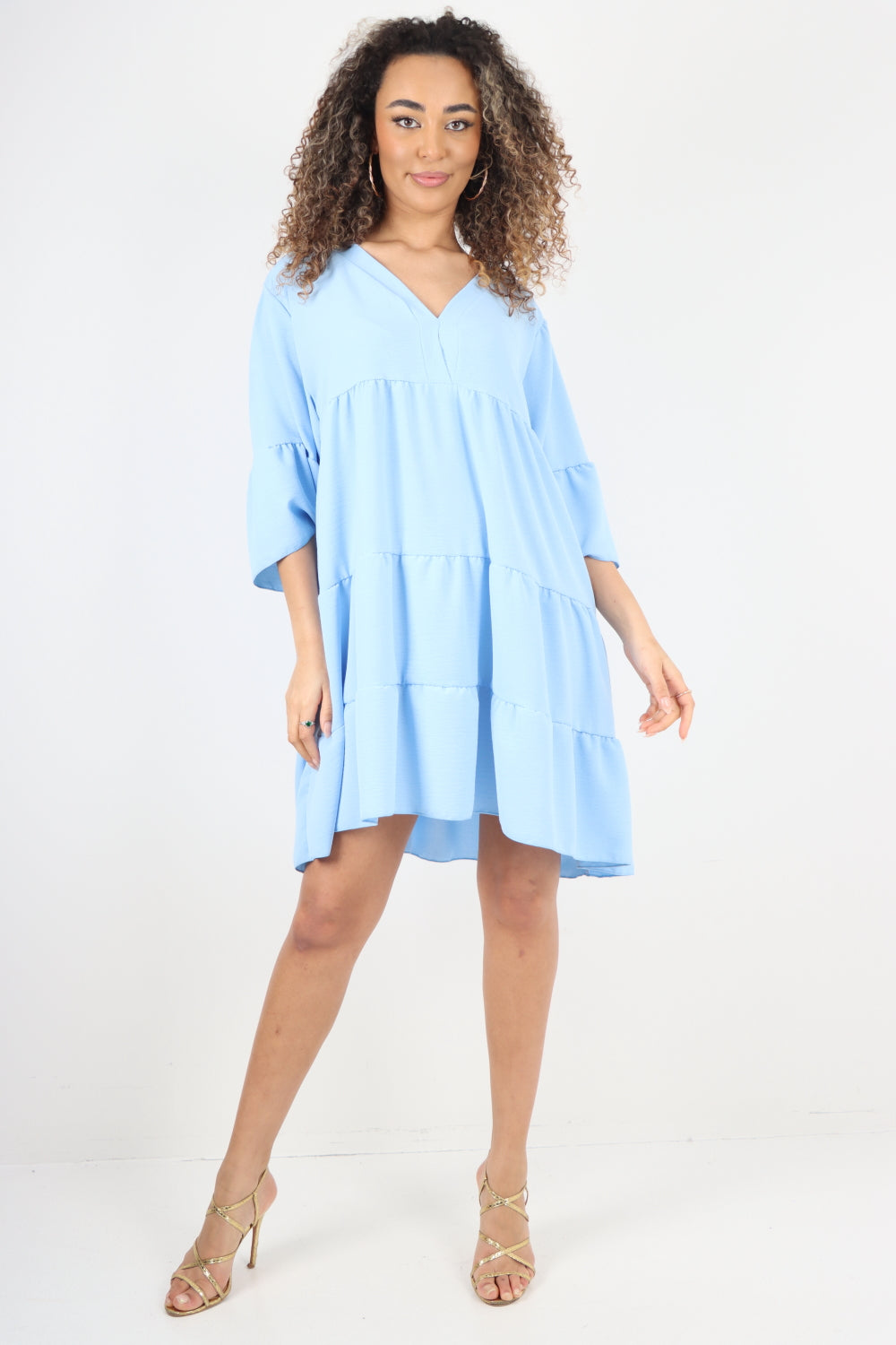 Italian Deep V - Neck Tiered Short Sleeve Smock Dress Smock Dress WearAll