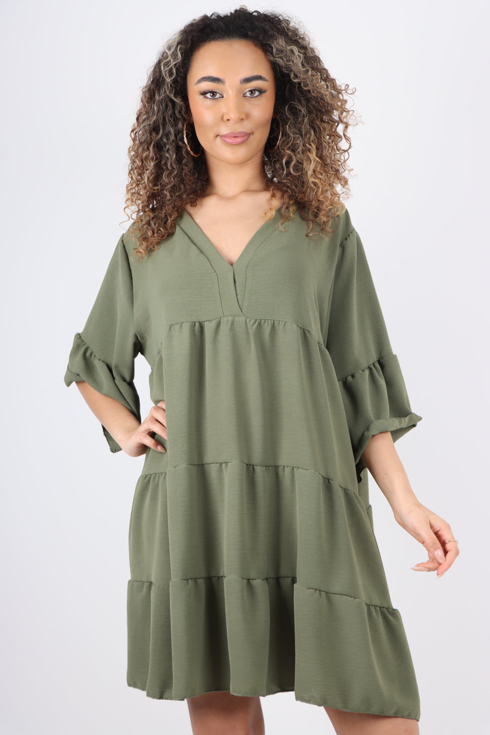 Italian Deep V - Neck Tiered Short Sleeve Smock Dress Smock Dress WearAll