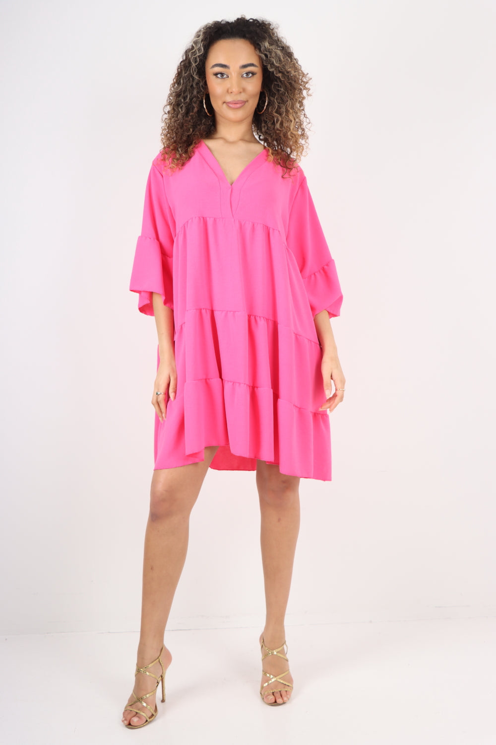 Italian Deep V - Neck Tiered Short Sleeve Smock Dress Smock Dress WearAll Fuchsia One Size To Fit UK 8-20