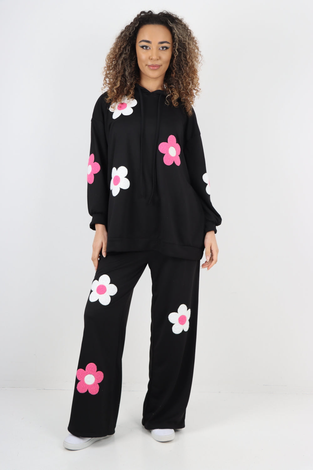 italian ditsy floral print hooded co ord set Co-Ord Suit Set WearAll Black One Size To Fit UK 8-18