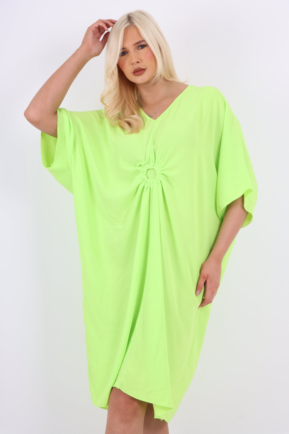 Italian Oversized V Neck Ring Detail Kaftan Dress Dresses WearAll Neon Green One Size Fits UK (10-22)