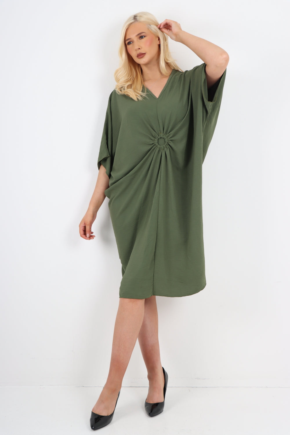 Italian Oversized V Neck Ring Detail Kaftan Dress Dresses WearAll Khaki One Size Fits UK (10-22)