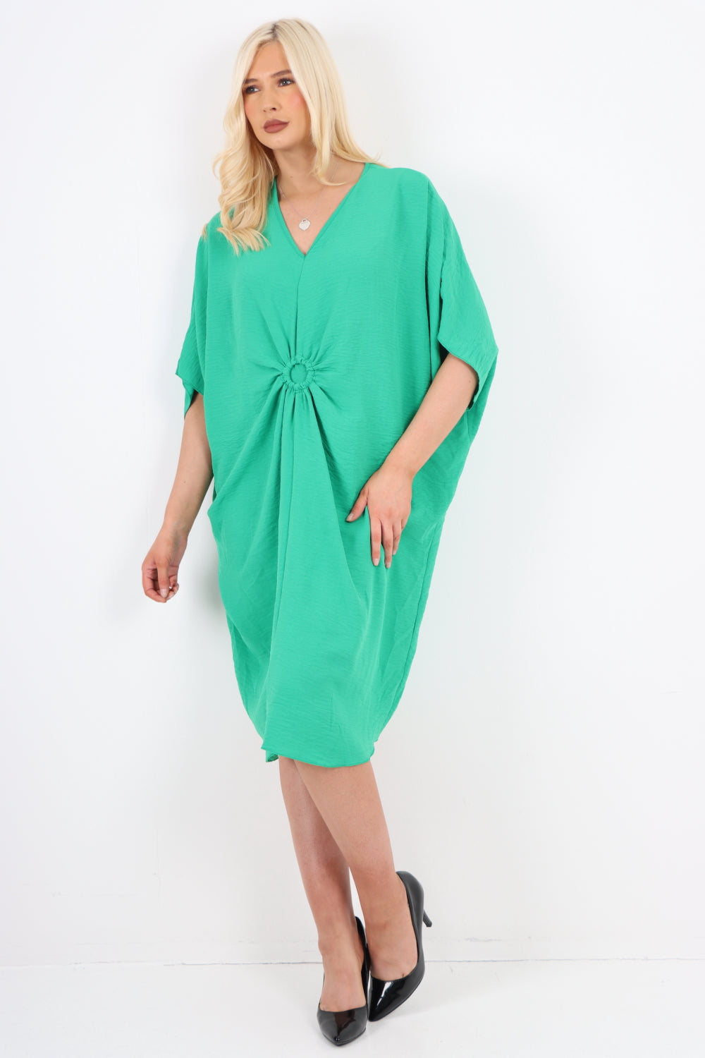Italian Oversized V Neck Ring Detail Kaftan Dress Dresses WearAll Jade Green One Size Fits UK (10-22)