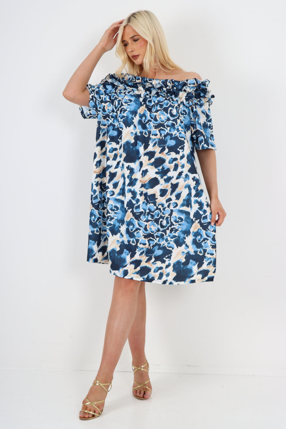 italian off the shoulder animal print short sleeve mini dress Mini Dress WearAll Navy One Size To Fit UK 8-20