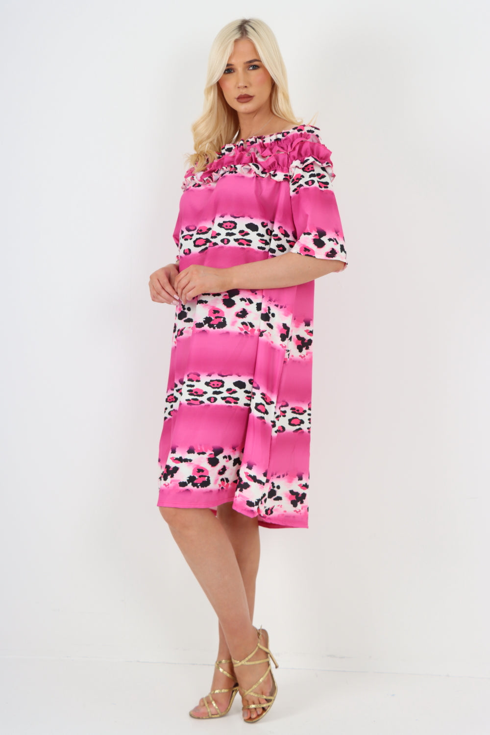 italian off the shoulder leopard printed short sleeve mini dress Mini Dress WearAll
