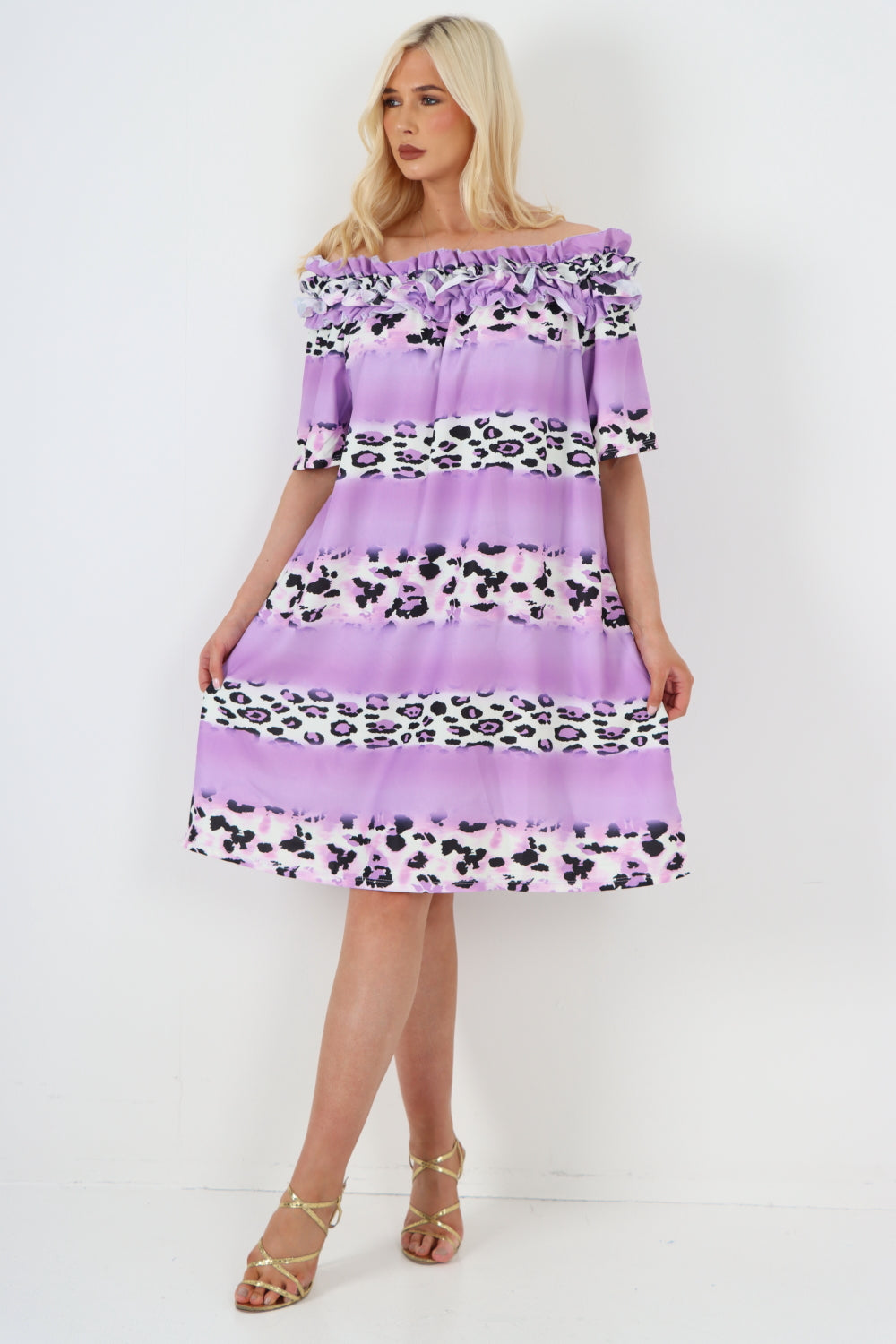 italian off the shoulder leopard printed short sleeve mini dress Mini Dress WearAll Lilac One Size To Fit UK 8-20