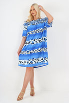 italian off the shoulder leopard printed short sleeve mini dress Mini Dress WearAll Royal Blue One Size To Fit UK 8-20