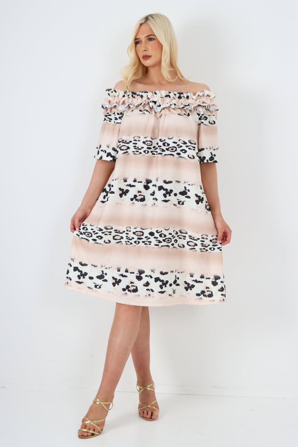 italian off the shoulder leopard printed short sleeve mini dress Mini Dress WearAll Beige One Size To Fit UK 8-20