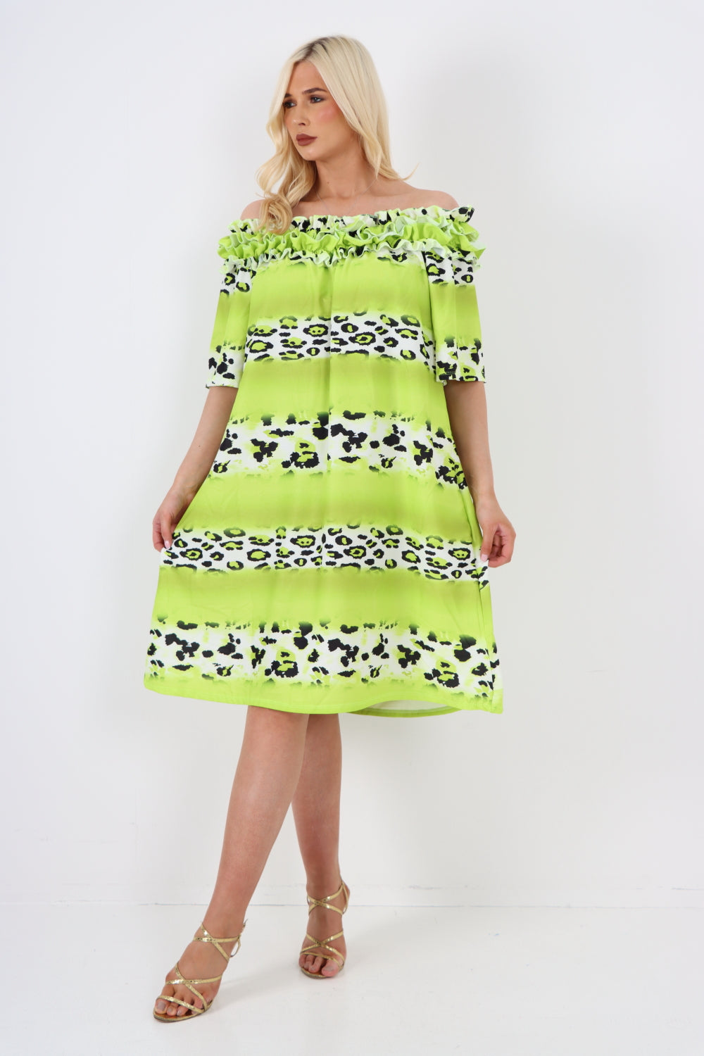 italian off the shoulder leopard printed short sleeve mini dress Mini Dress WearAll