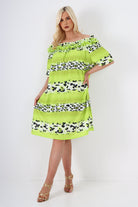 italian off the shoulder leopard printed short sleeve mini dress Mini Dress WearAll Lime One Size To Fit UK 8-20