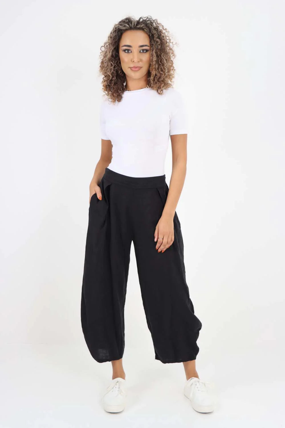 Italian Plain Layered 3/4 Linen Jogger Trouser WearAll Black 8