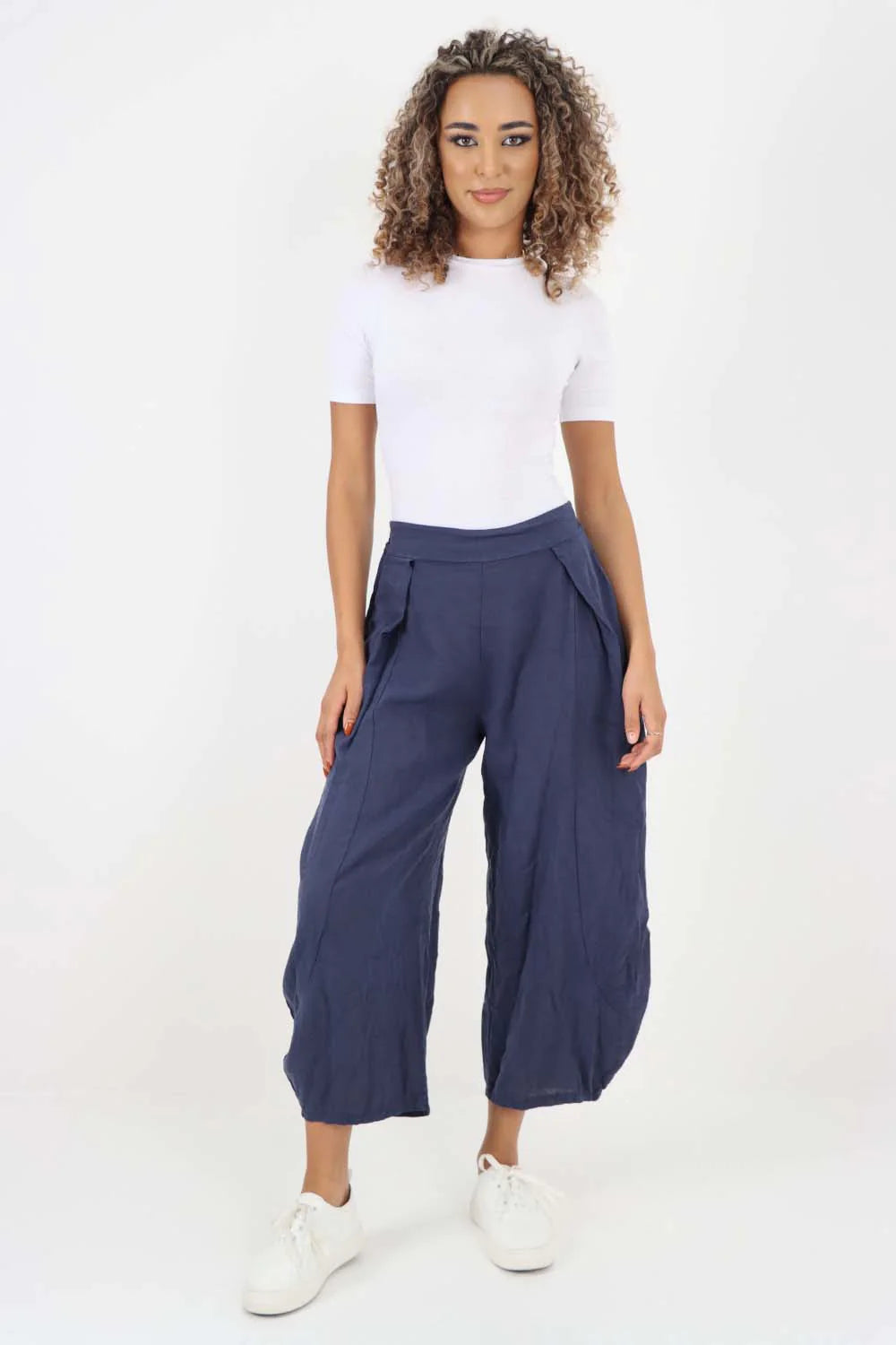 Italian Plain Layered 3/4 Linen Jogger Trouser WearAll Dark Denim 8