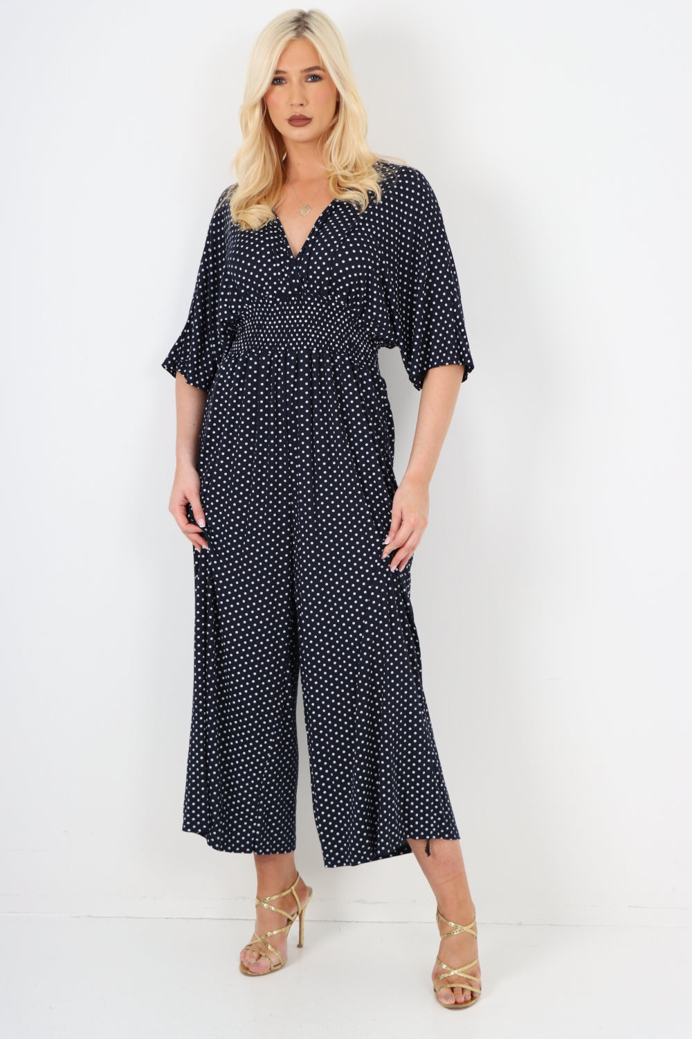 italian polka dot print shirred elasticated waist v neck jumpsuit Jumpsuits & Rompers WearAll