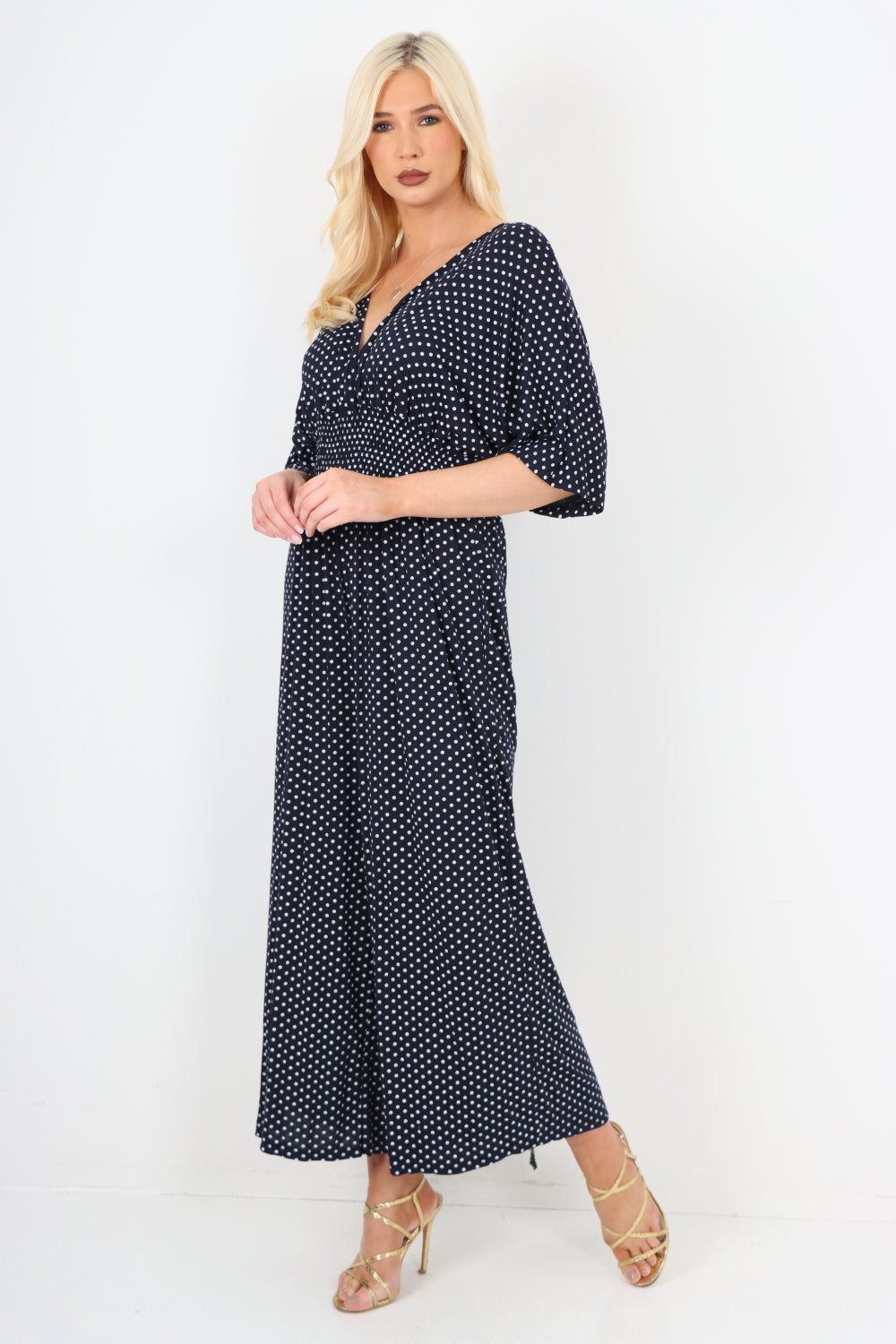 italian polka dot print shirred elasticated waist v neck jumpsuit Jumpsuits & Rompers WearAll