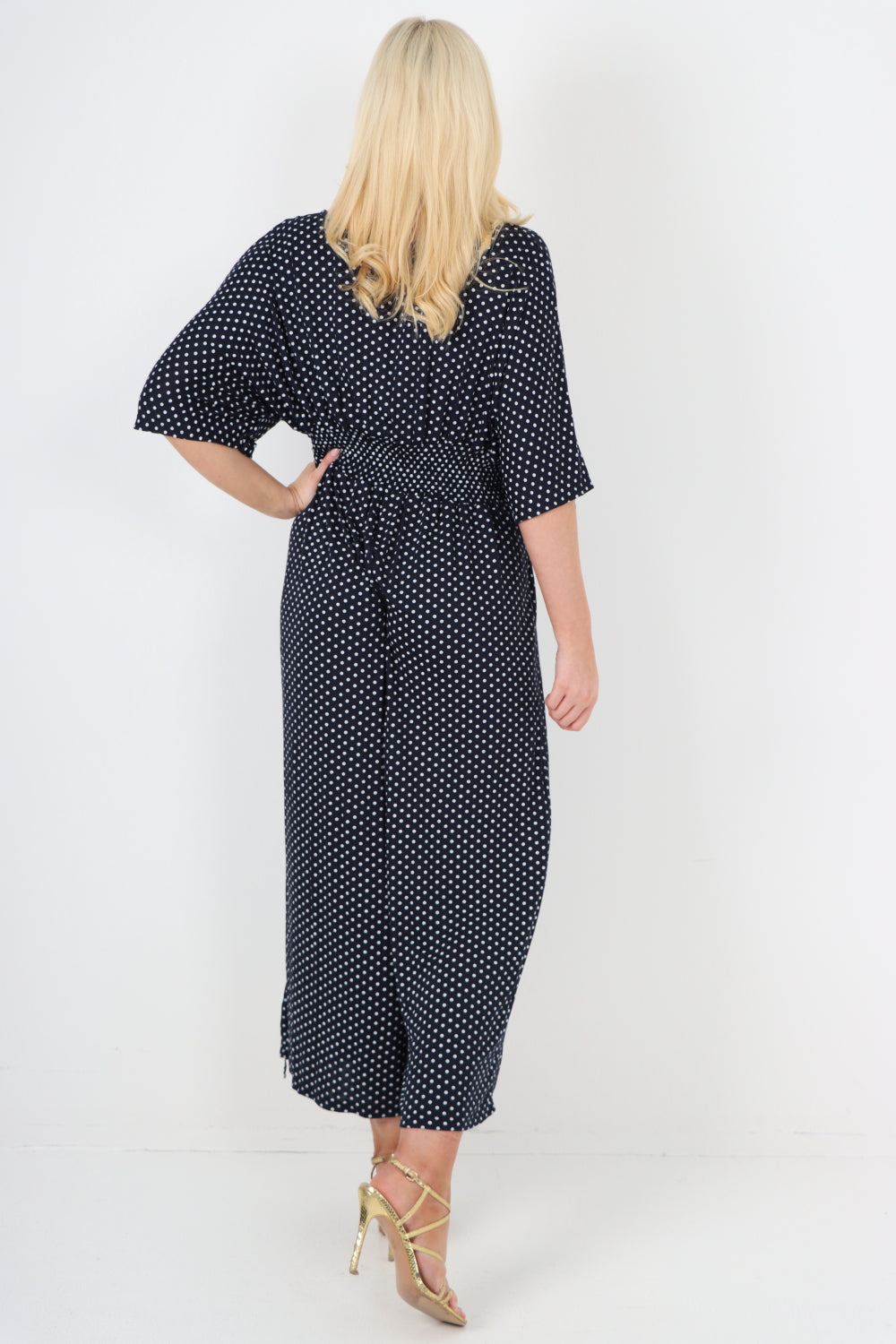 italian polka dot print shirred elasticated waist v neck jumpsuit Jumpsuits & Rompers WearAll