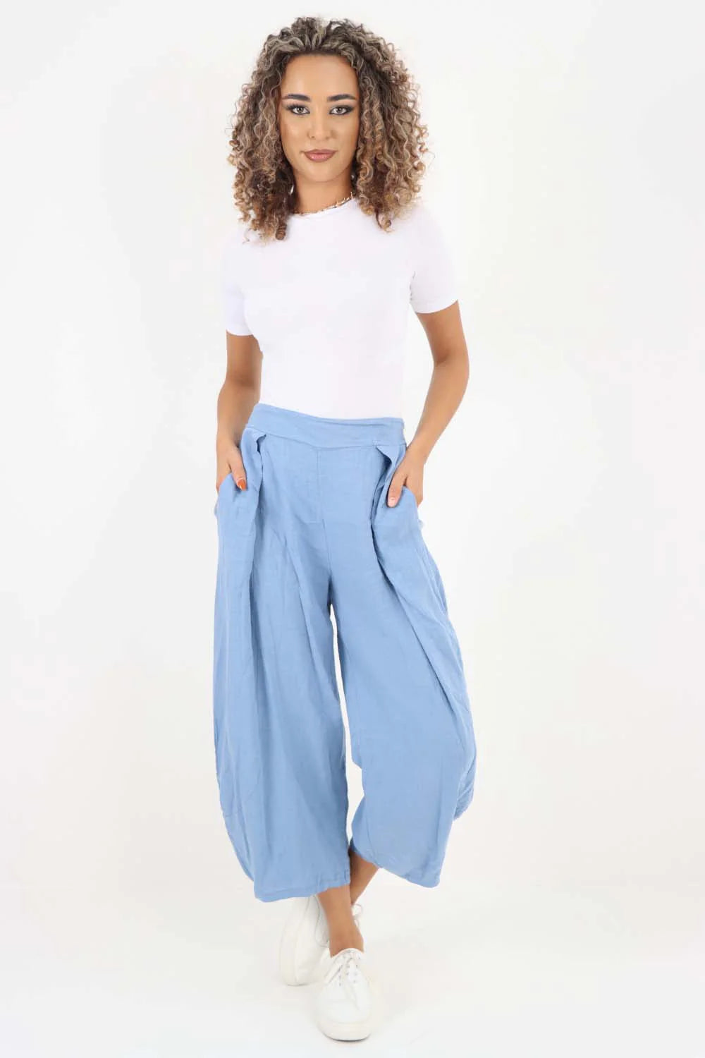 Italian Plain Layered 3/4 Linen Jogger Trouser WearAll Light Denim 8