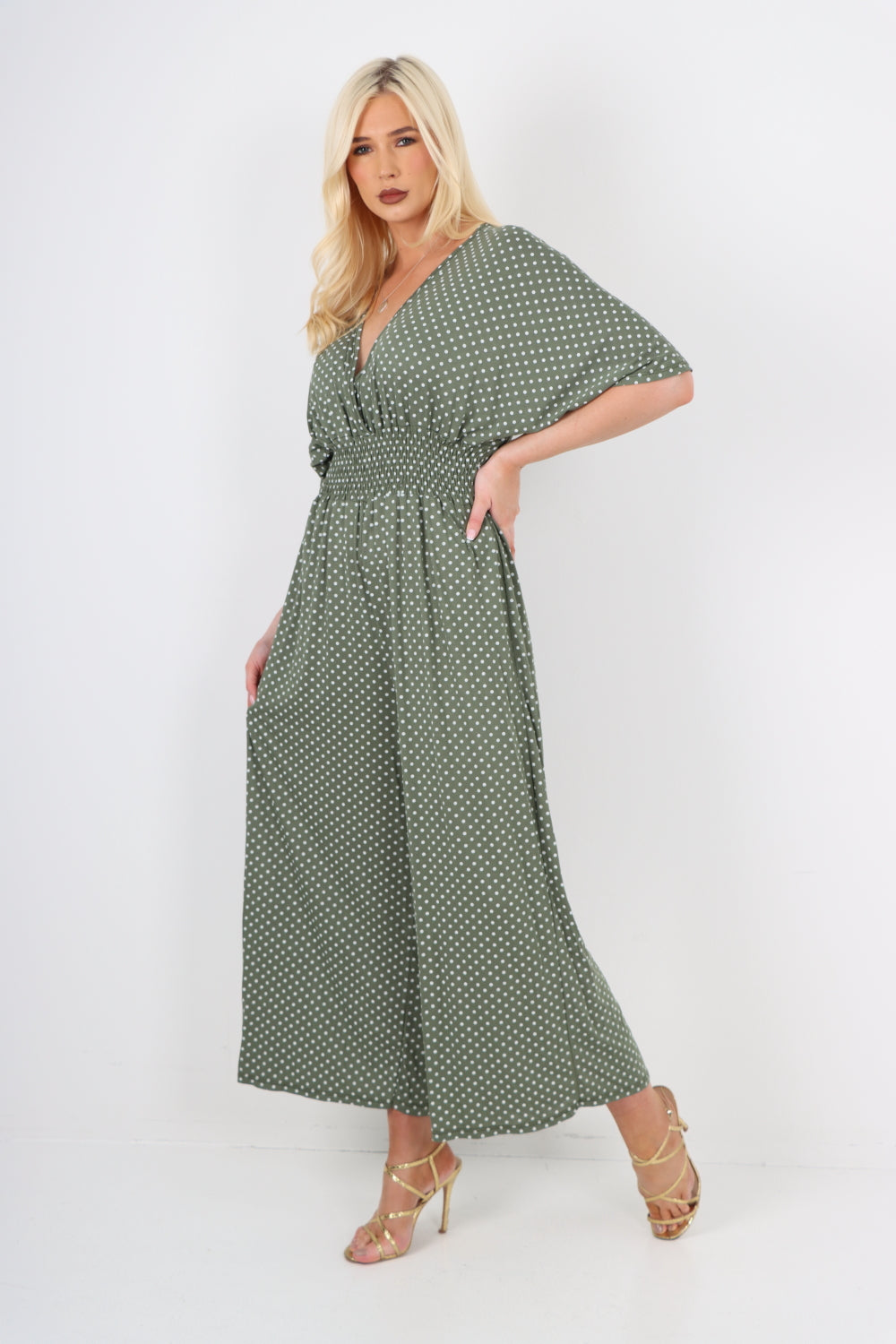 italian polka dot print shirred elasticated waist v neck jumpsuit Jumpsuits & Rompers WearAll