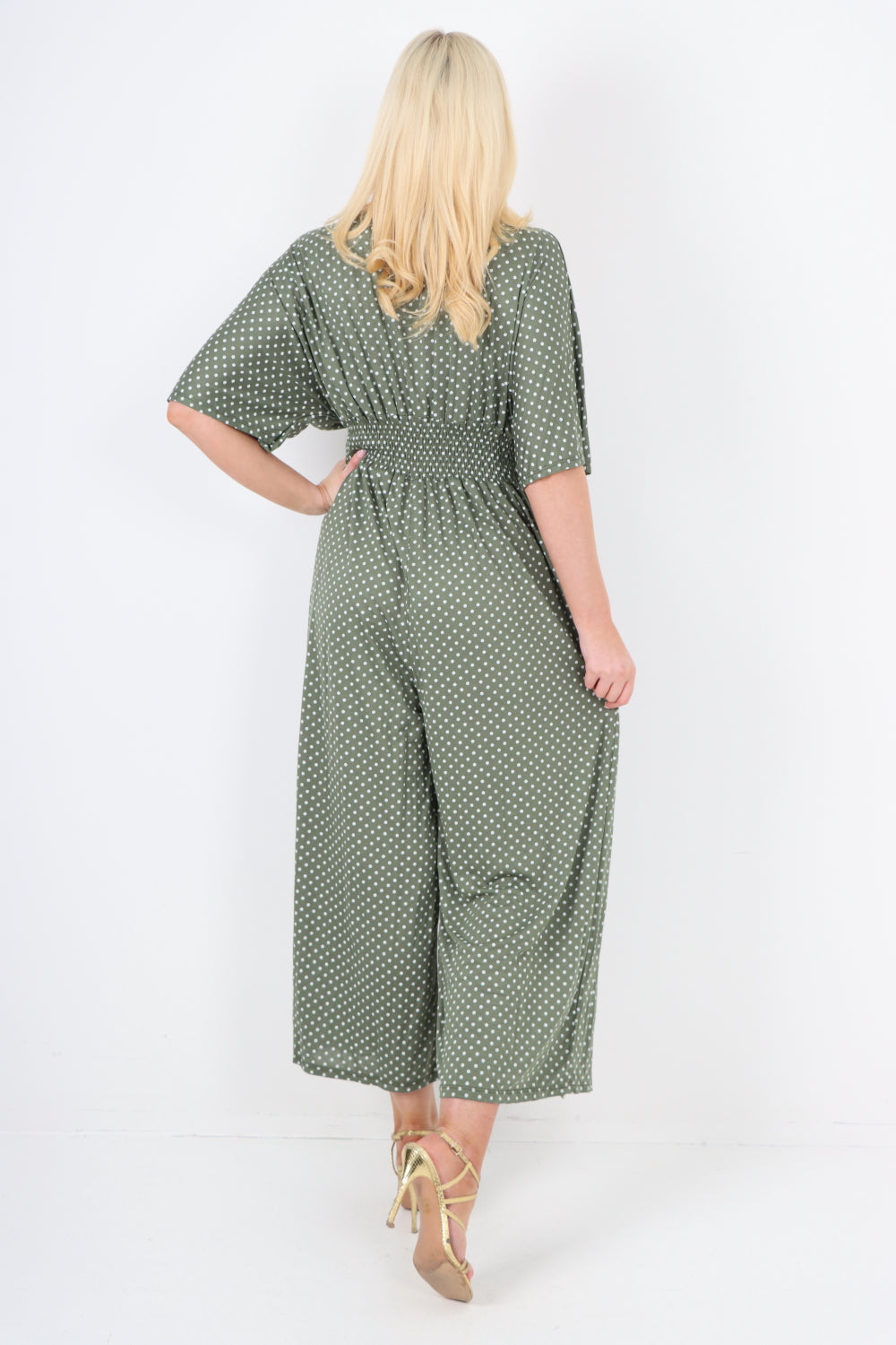 italian polka dot print shirred elasticated waist v neck jumpsuit Jumpsuits & Rompers WearAll