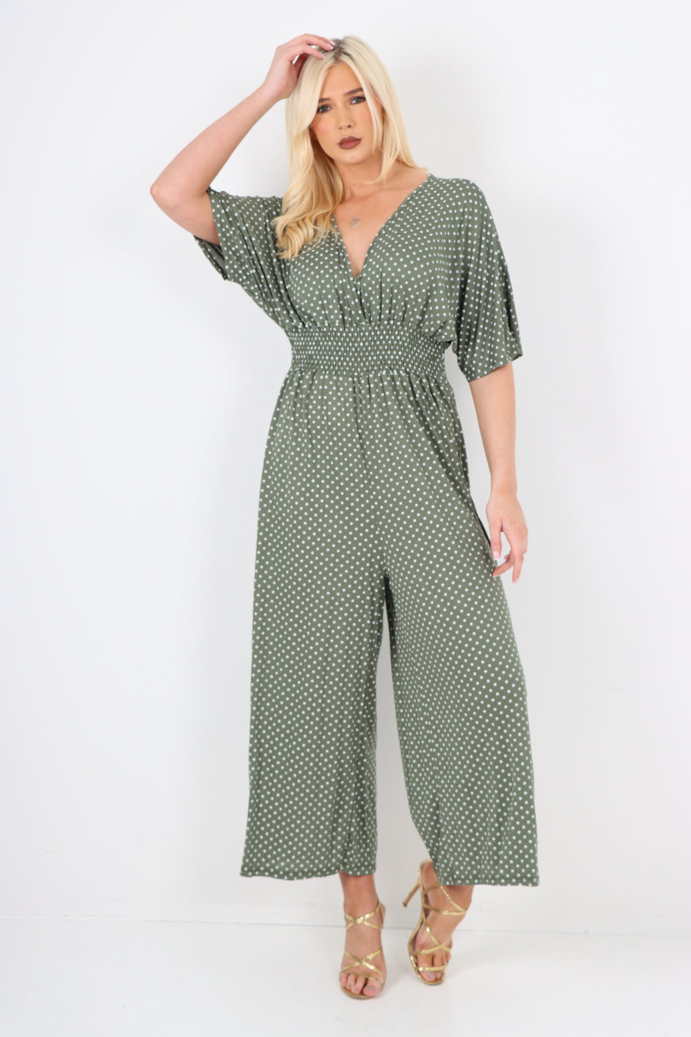 italian polka dot print shirred elasticated waist v neck jumpsuit Jumpsuits & Rompers WearAll Khaki One Size To Fit UK 8-18