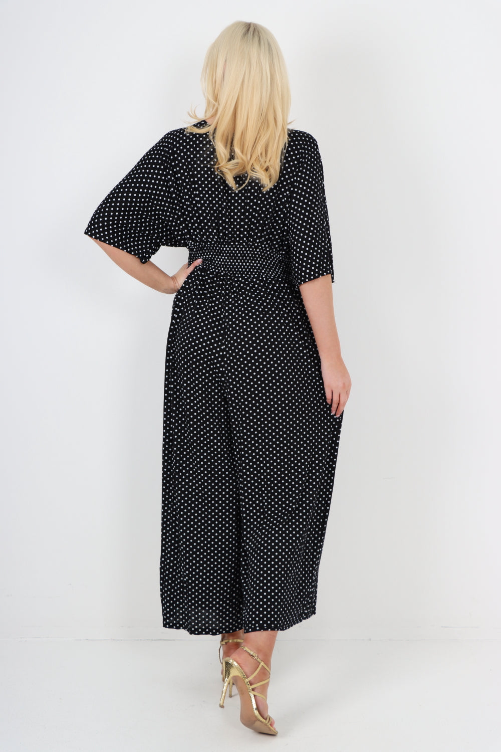 italian polka dot print shirred elasticated waist v neck jumpsuit Jumpsuits & Rompers WearAll