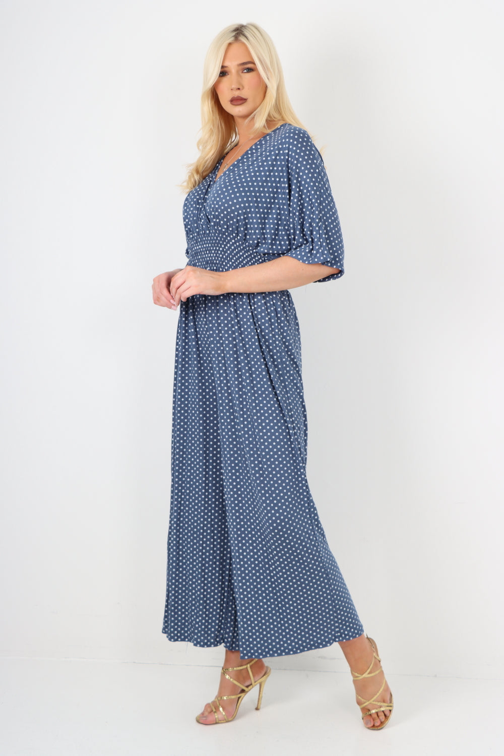 italian polka dot print shirred elasticated waist v neck jumpsuit Jumpsuits & Rompers WearAll