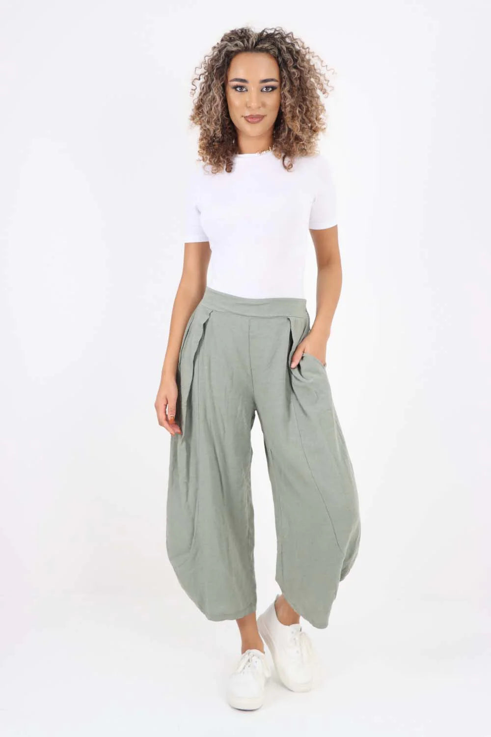 Italian Plain Layered 3/4 Linen Jogger Trouser WearAll Khaki 8