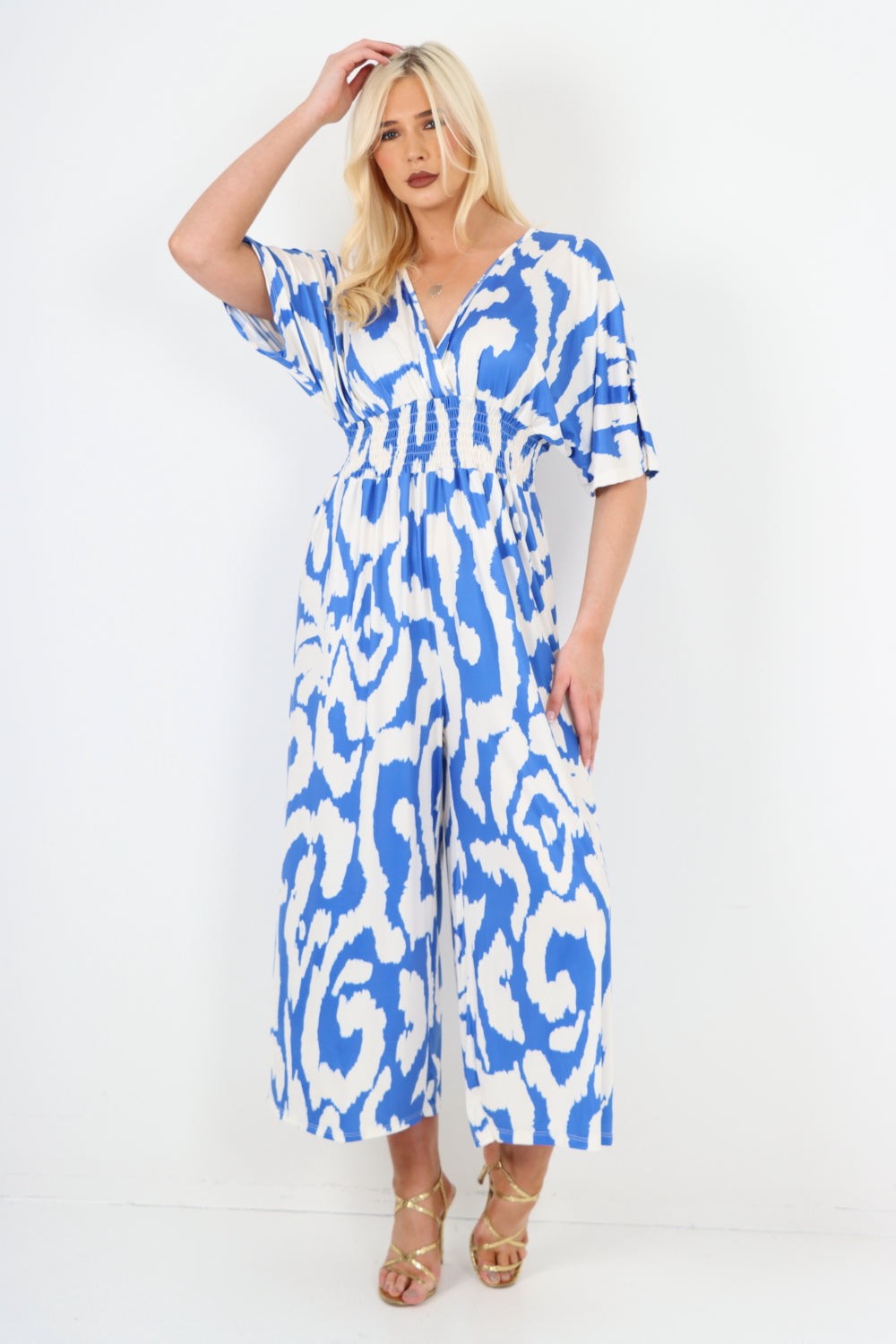 italian shirred elasticated waist animal print short sleeve jumpsuit Jumpsuits & Rompers WearAll Royal Blue One Size To Fit UK 8-18