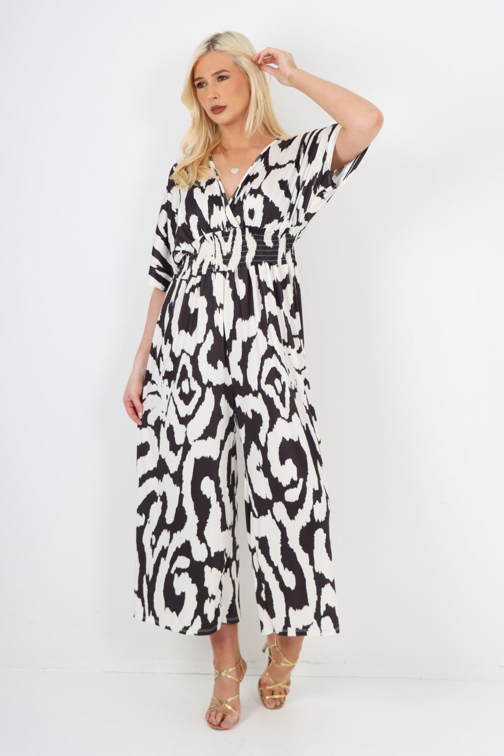 italian shirred elasticated waist animal print short sleeve jumpsuit Jumpsuits & Rompers WearAll