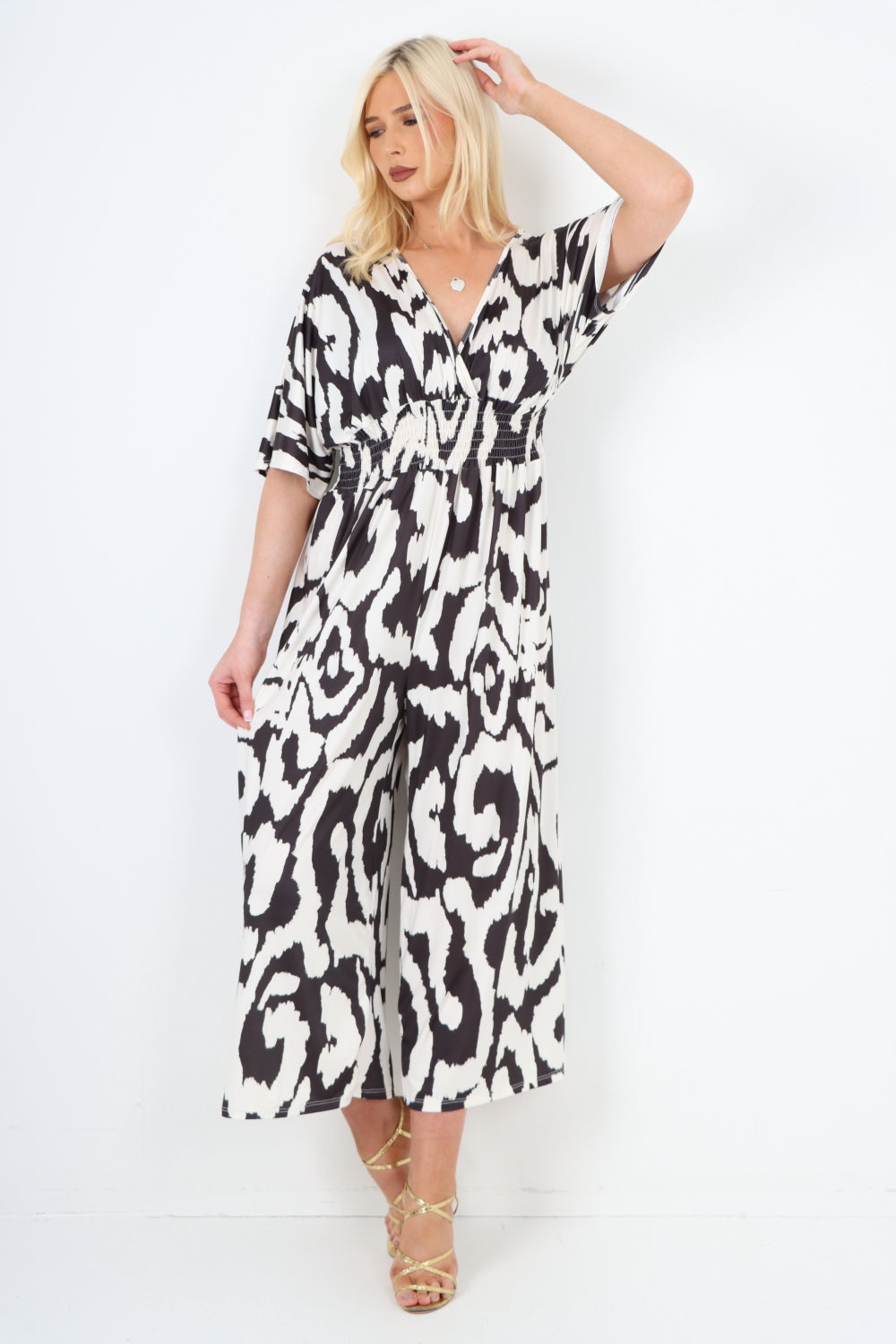 italian shirred elasticated waist animal print short sleeve jumpsuit Jumpsuits & Rompers WearAll Black One Size To Fit UK 8-18