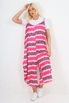 italian animal print deep v neck jumpsuit Jumpsuits & Rompers WearAll Fuchsia One Size To Fit UK 8-22