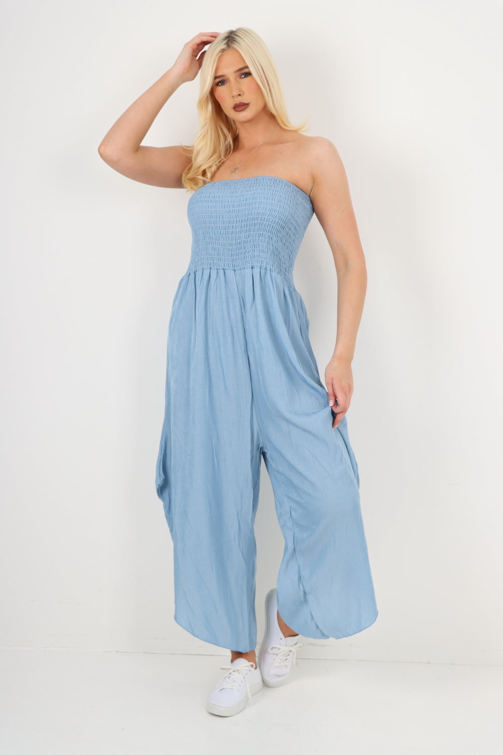 italian denim look ruched detail jumpsuit Jumpsuits WearAll