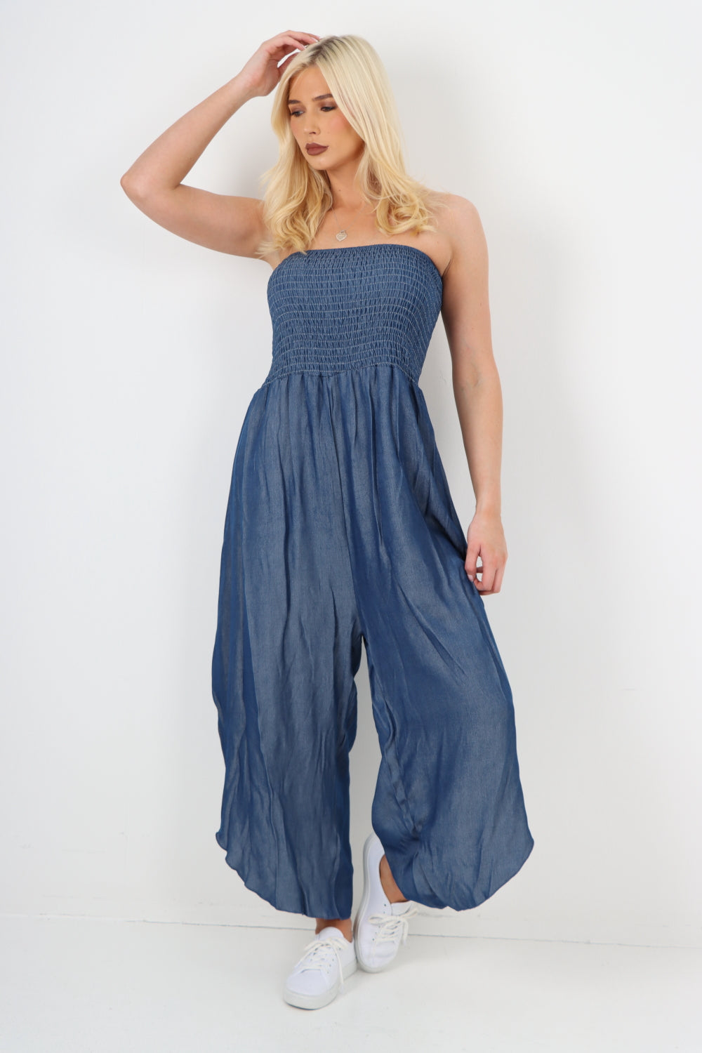 italian denim look ruched detail jumpsuit Jumpsuits WearAll