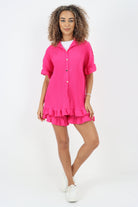 Italian Pleated Shirt & Shorts Co-Ord Set Co-Ords WearAll Hot Pink One Size