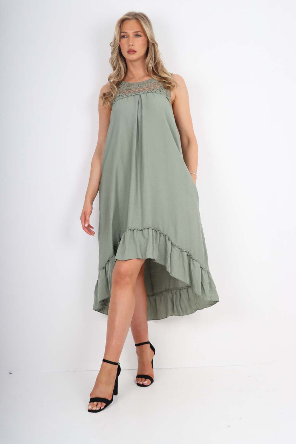 Italian Lace Neckline Dipped Hem Dress Dress WearAll Khaki One Size (Fits UK 10-18)