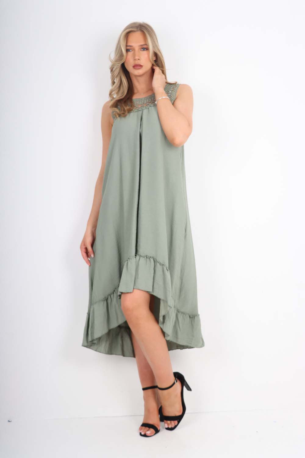 Italian Lace Neckline Dipped Hem Dress Dress WearAll