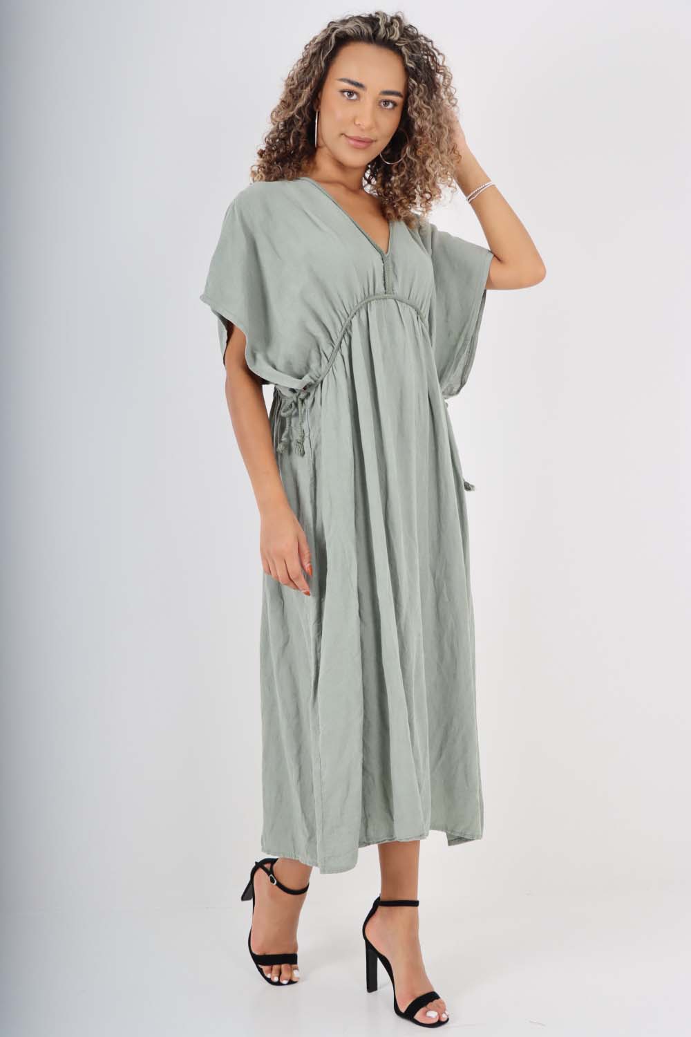 Italian Drawestring Front Flared Linen Dress Dress WearAll