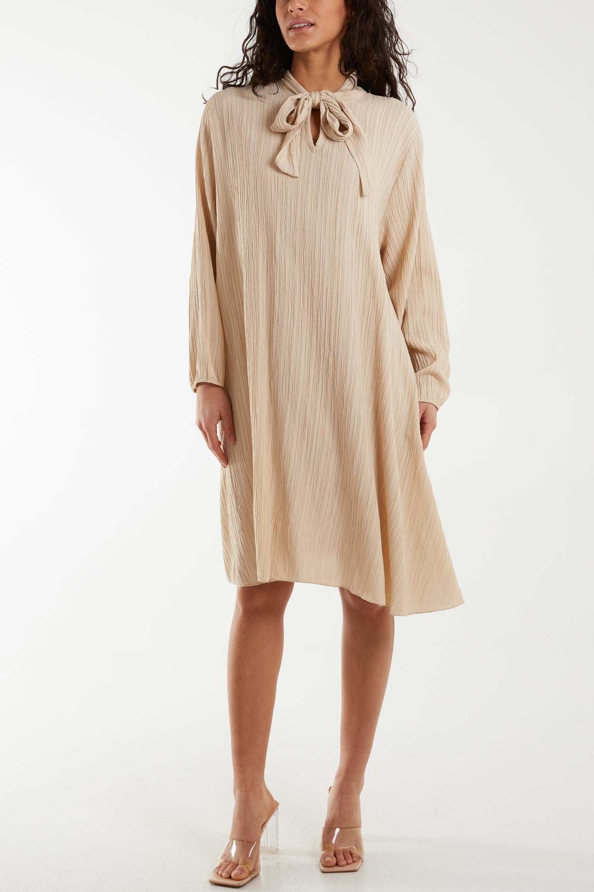 Pussy Bow Crinkle Fabric Midi Dress Dresses WearAll Stone One Size