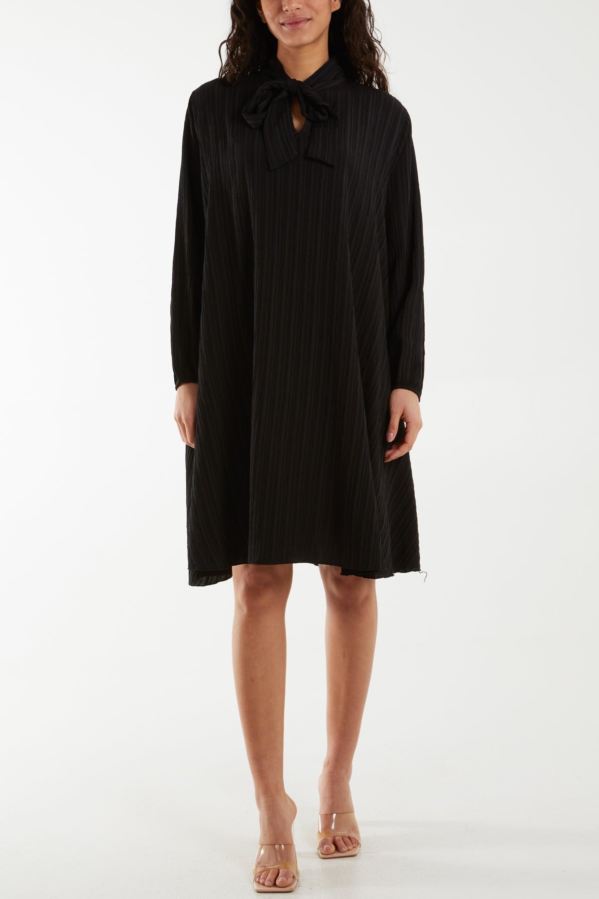 Pussy Bow Crinkle Fabric Midi Dress Dresses WearAll Black One Size