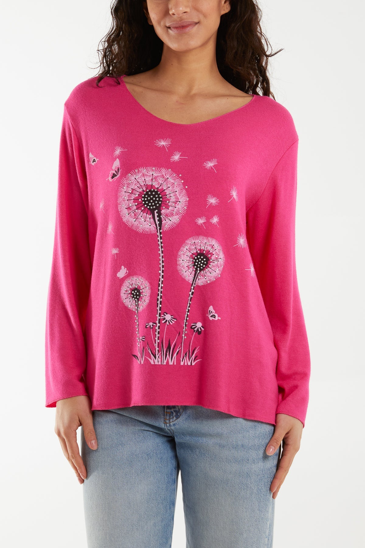 Diamante Dandelion Flower Fine Knit Jumpers WearAll Hot Pink One Size