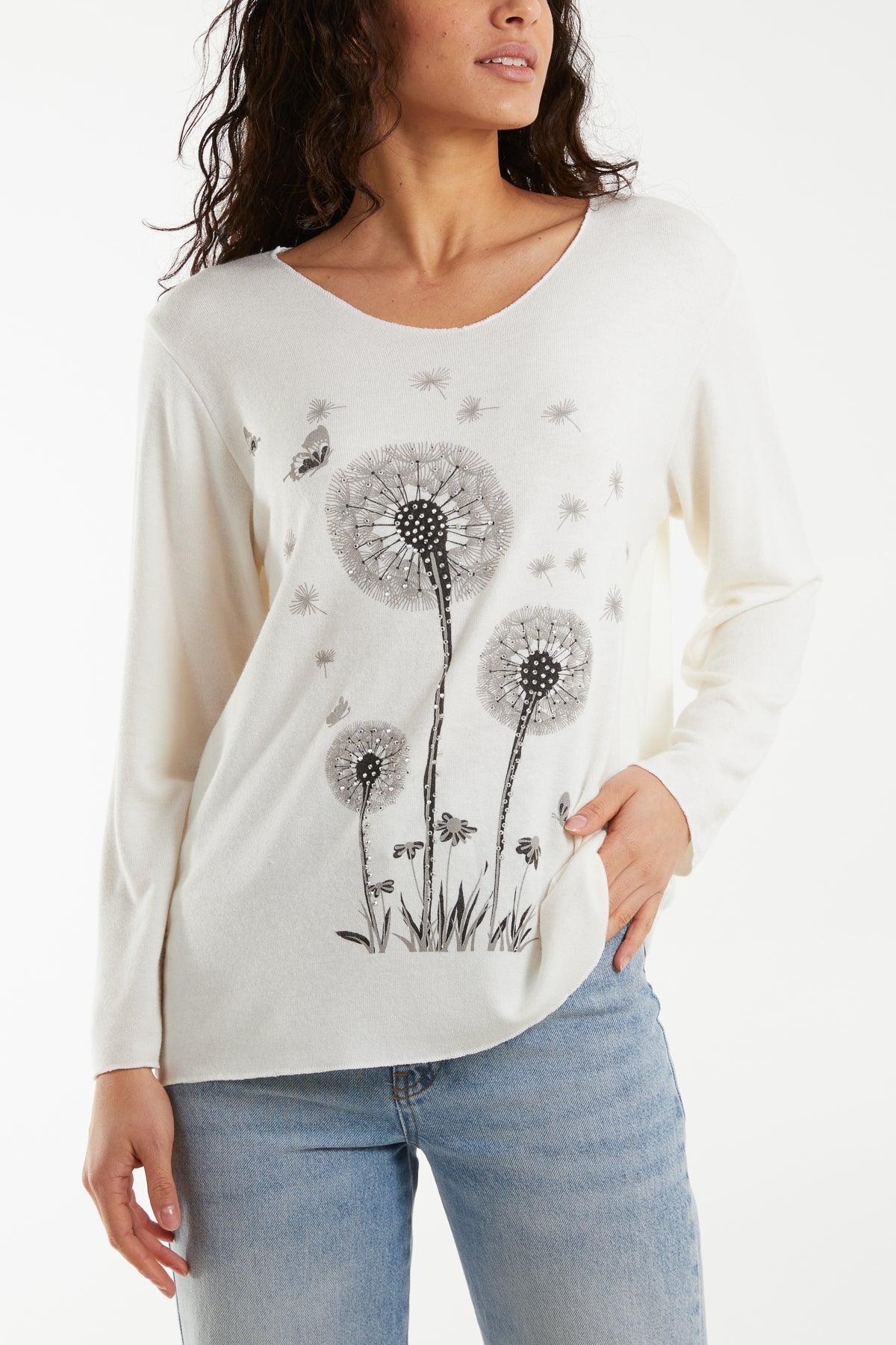 Diamante Dandelion Flower Fine Knit Jumpers WearAll Cream One Size